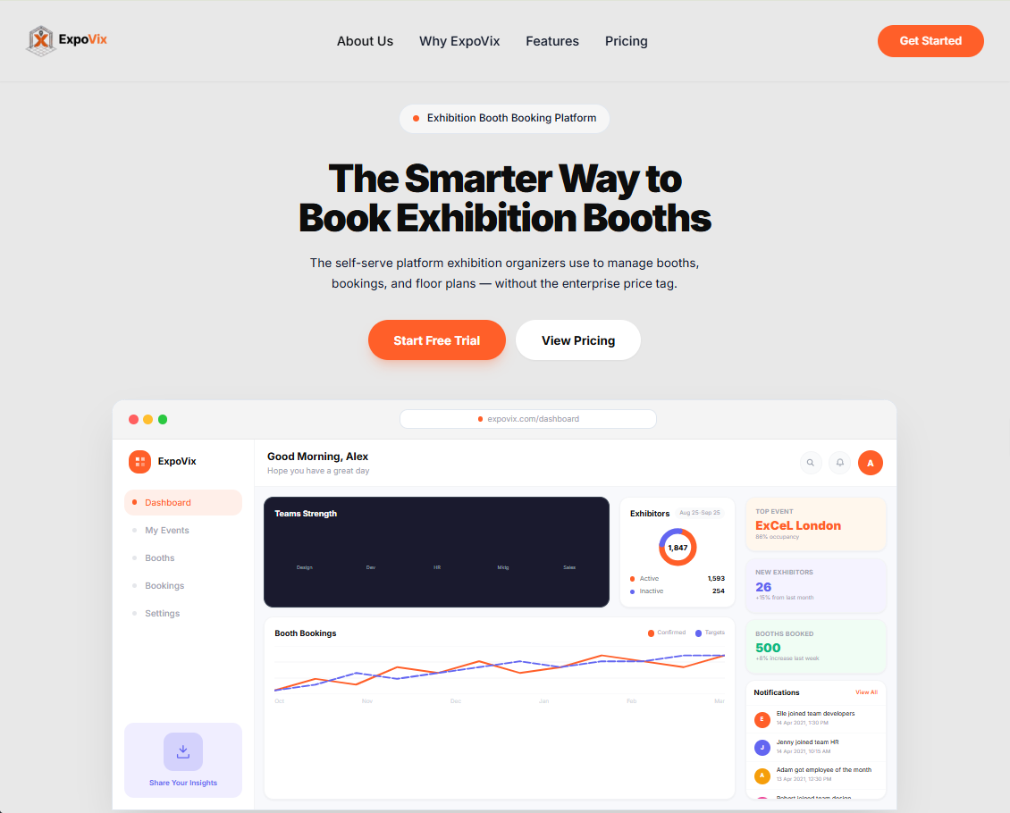 ExpoVix exhibition booth booking platform landing page